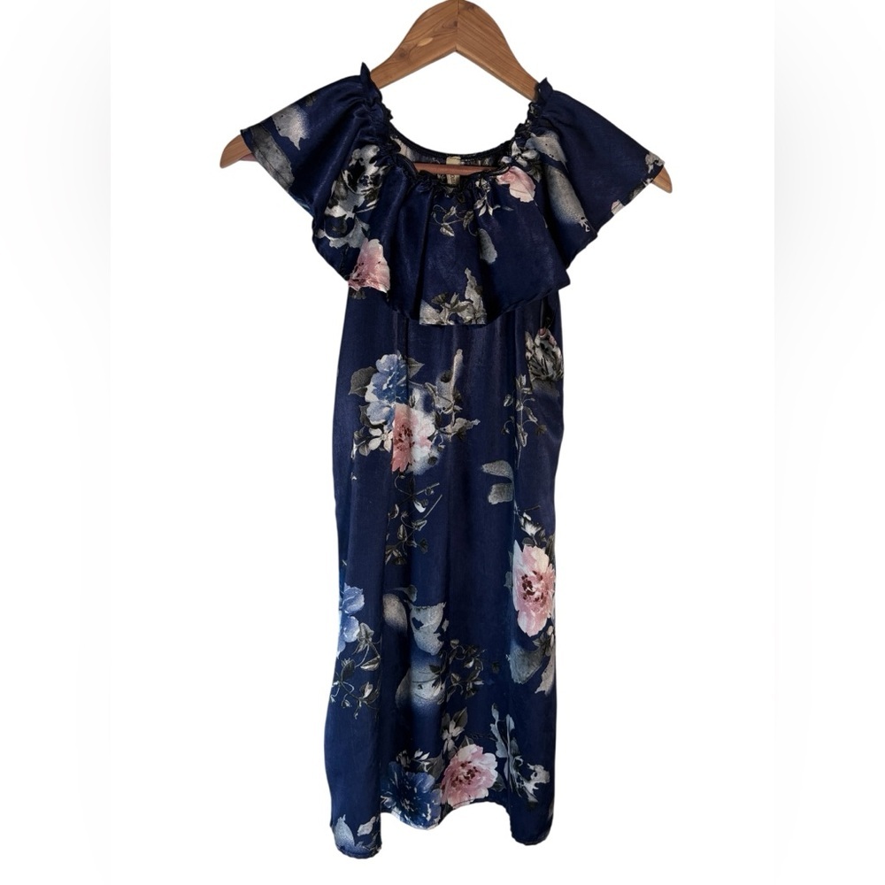 Pomelo Navy Floral Ruffle Neck Cotton Dress L Made in USA